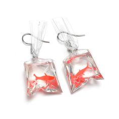 two small red and white fish in clear plastic bags on silver earwires with hooks