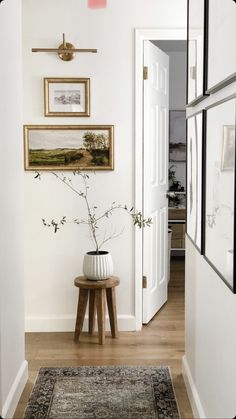 an entry way with pictures on the wall and a plant in a vase next to it