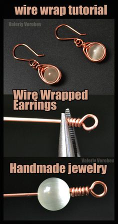 the instructions for how to make wire wrapped earrings with copper and white glass bead