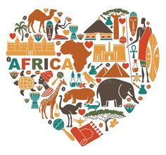 the heart shape is filled with different african symbols and things that can be found in africa