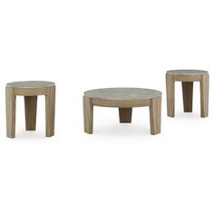 three wooden tables sitting next to each other