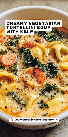 a white bowl filled with tortellini soup on top of a marble countertop