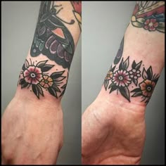 two different tattoos on the wrist and arm, one is black with flowers in it