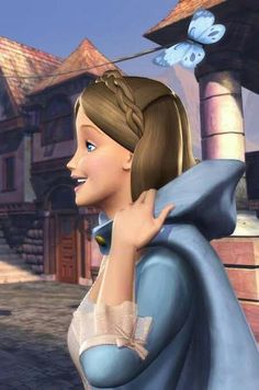 a cartoon girl with braids and blue dress holding her hand on her shoulder in front of a building