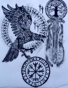 an ink drawing of a bird and compass