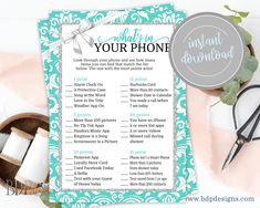 a blue and white printable wedding game with the words your phone written on it