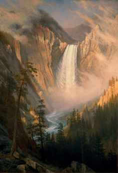 an oil painting of a waterfall in the mountains with clouds and trees on either side