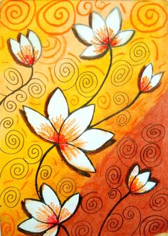 an orange and white painting with swirls on it's sides, flowers in the middle