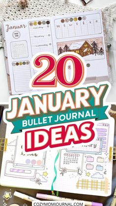 Bullet journal open to January with decorative winter theme and text overlay reading "20 January Bullet Journal Ideas". January Bullet Journal, Pretty Journals, Daily Reflection, Creative Journal, Quirky Design, Gratitude Journal, Journal Prompts, Bullet Journal, Writing