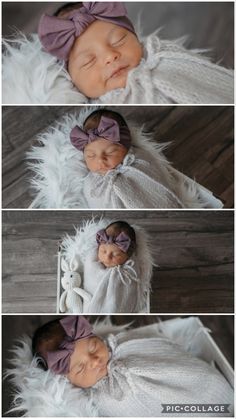 three photos of a baby sleeping on top of a white blanket and wearing a purple bow