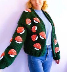 COLOR: green SIZE: XS, S,.M,.L PATTERN:mushroom AREA OF USE: can be used in all seasons LENGTH: 50cm, 55cm The handmade mushroom cardigan, which has become the most trendy fashion of recent times, is knitted with green thick and soft yarn, embroidered with orange mushrooms, and is suitable for sizes S, XS, M and L. This cardigan, which keeps you soft and warm and is an indispensable complementary clothing style for the autumn and winter months, will reach you as soon as possible with the most reliable cargo service. With its emerald green color and orange mushroom embroidery, which is the most suitable color, you will enjoy wearing this cardigan, which is completely handmade, and even give it to your loved ones on their birthdays. You will be able to gift it as a gift on Valentine's Day an Green Knitted Fall Cardigan, Green Knit Cardigan For Fall, Green Knitted Winter Cardigan, Winter Green Knitted Cardigan, Casual Green Knit Cardigan, Green Casual Acrylic Cardigan, Green Knit Crew Neck Cardigan, Handmade Green Knit Sweater, Green Knit Long Sleeve Cardigan