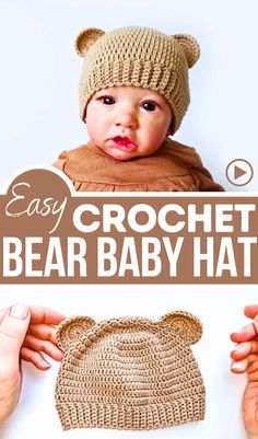 a crochet bear hat is shown with the words easy crochet bear hat