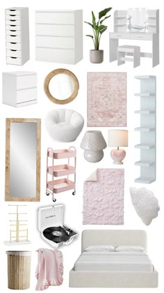 a collage of white furniture and accessories including a bed, dresser, mirror, lamp, planter, vases