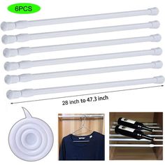 six pieces of white plastic clothes hanger with four different sizes and colors, including one black