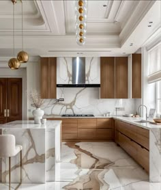 an elegant kitchen with marble floors and wooden cabinetry, gold pendants hanging from the ceiling