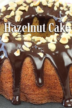 a bundt cake with chocolate glaze and nuts on top