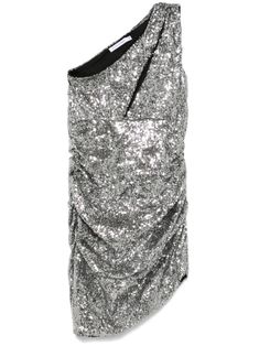 silver-tone sequin embellishment concealed side zip fastening one-shoulder sleeveless ruched bodice full lining straight hem thigh-length Sequin Embellishment, Dress Silver, Wardrobe Edit, Yoko London, Ruched Bodice, Silver Dress, Boots Fall, Exclusive Fashion, Shoulder Design