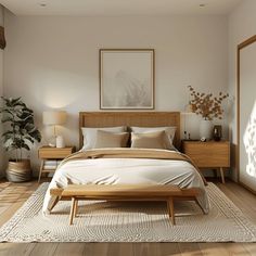 Bohemian Bedroom Decor with a Wooden Bed Frame Midcentury Bed Frame, Vintage And Modern Bedroom, Aesthetic Wooden Room Decor, Master Bedrooms Mid Century Modern, Vintage Modern Bedroom Ideas, Organic Modern Bedroom Inspiration, Bedroom With Wooden Bed, Wooden Bedroom Design, Master Bed Ideas