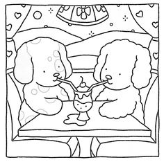 two dogs sitting at a table with a wine glass in their mouth coloring page for kids