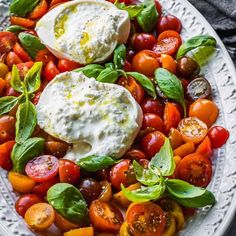 a white plate topped with tomatoes, cheese and green leafy garnishments