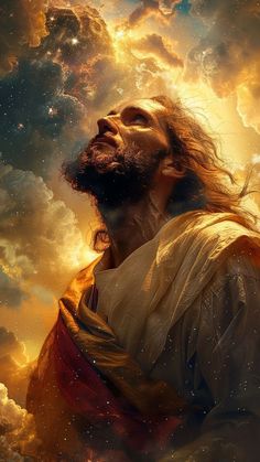 jesus in the clouds with his eyes closed and head turned to look up at the sky