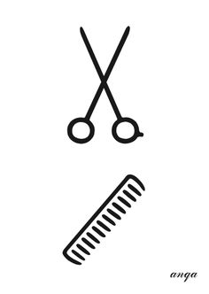 a pair of scissors next to a comb and a needle on a white background with the word angga written below it