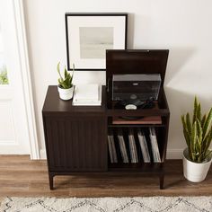 a record player is sitting on top of a shelf next to a potted plant