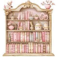 a book shelf filled with lots of books and vases on top of each other