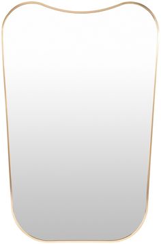 a square shaped mirror with a gold frame on the top and bottom edge, against a white background