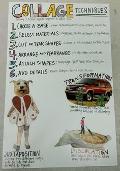 a sign with instructions on how to use collage techniques for art and crafting