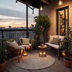 a balcony with some plants and lights on it