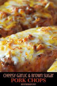 cheesy garlic and brown sugar pork chops on a plate with text overlay