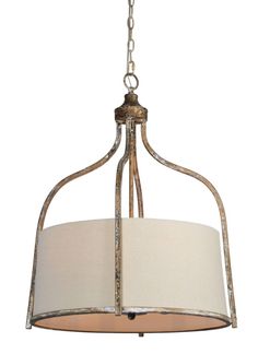 a chandelier with a light fixture hanging from it's side and a white shade