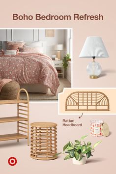 the bedroom is decorated in beige and pink tones