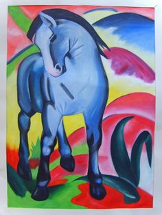 a painting of a blue horse standing in the grass