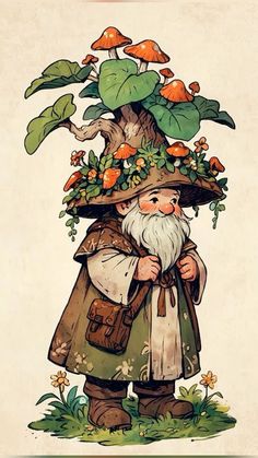 an illustration of a gnome with mushrooms on his head and green leaves growing out of it's back