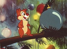 an animated squirrel on a tree branch with christmas ornaments in the background and baubles hanging from it's branches