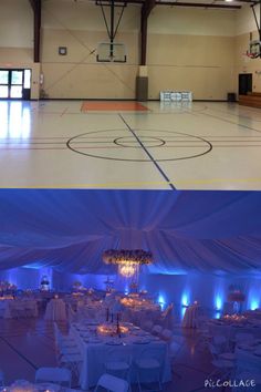 the inside and outside of an indoor basketball court with blue lights on it's walls