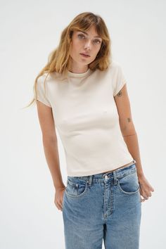 LNA Fitted Rib Crew Tee in Bone Relaxed Fit Ribbed Top, Fitted Ribbed T-shirt For Loungewear, Relaxed Ribbed Top, Relaxed Fitted Tops For Summer, Relaxed Stretch Cotton Tops, Spring Ribbed Slim Fit Tops, Everyday Fitted Ribbed Bottoms, Fitted Ribbed Bottoms For Everyday, Everyday Relaxed Fit Ribbed Tops