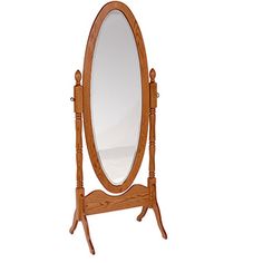 an oval wooden mirror is shown on a stand