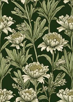 a green floral wallpaper with white flowers