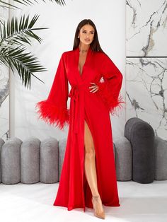 This red long bridal robes is made of high-qualiry silk satin. It has long wide sleeves made of lace and wide belt.  Boa natural ostrich feathers!  Boudoir feather robe When you have one of the most important days in your life, everything should be perfect! You probably planned every minute of this day and now you are ready to make it real. The perfect day starts from the very morning in our White bride robe which will be remembered every time you will look at your photos.   Red silk satin robe Long Silk Robe, Long Bridal Robe, Silk Bridesmaid Robes, Silk Robe Long, Wedding Kimono, Bridal Robe, Satin Kimono, White Bride, Wedding Robe