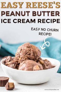 easy reese's peanut butter ice cream recipe in a white bowl with chocolate chunks