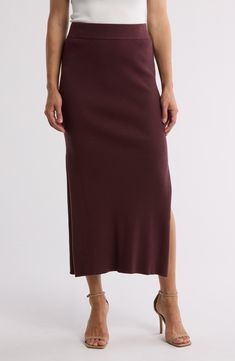 This softly knit skirt is textured with ribbing and rendered in a solid hue for everyday pairing. 50% viscose, 28% polyester, 22% nylon Machine wash, dry flat Imported Knit Skirt Outfit, Classic Slippers, Concert Looks, Knit Midi Skirt, Skirt Midi, Denim Branding, Sweaters And Leggings, Knit Midi, Knit Skirt