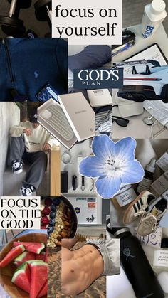 a collage of photos with the words focus on yourself and god's food