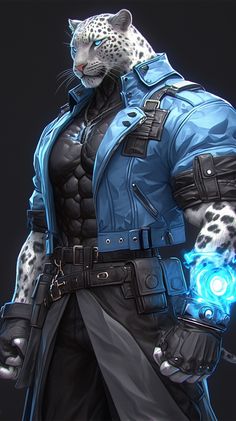 a man dressed in blue and black with a leopard on his arm, holding a glowing ball