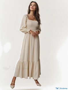 Orcajump - Chic Elegant Bodycon Dress with Mock Neck, Fitted Waist and Ruffled Hem, Long Sleeves Elegant Bodycon Dress, A Line Skirt, A Line Skirts, Apricot, Mock Neck, High Waist, Bodycon Dress, Dress Outfits, Long Sleeves