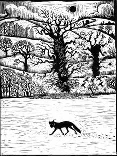 Yule Linocut, Fox Linocut, Fox In Snow, Fine Art Printmaking, Fairy Illustration, Monochrome Art, Lino Cut, Picture Engraving, Cross Hatching