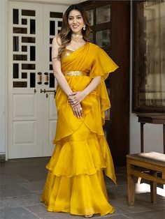 Buy Yellow Organza Ready To Wear Ruffle Saree From Ethnic Plus Sarees Ideas, Haldi Dress Ideas, Ruffled Saree, Haldi Dress, Haldi Outfits, Saree With Belt, Haldi Outfit, Fancy Sarees Party Wear, Sari Dress