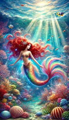 a painting of a mermaid with long red hair swimming in the ocean surrounded by corals